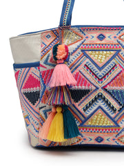 Anekaant Kooky Off White Geometric Jacquard Embellished Tote Bag