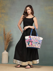 Anekaant Kooky Off White Geometric Jacquard Embellished Tote Bag