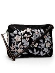 Lush Floral Embroidered Polysuede Sling Bag