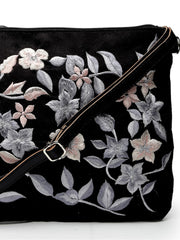 Lush Floral Embroidered Polysuede Sling Bag