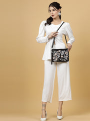 Lush Floral Embroidered Polysuede Sling Bag