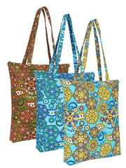 Eco-Friendly Multicolor Floral Printed Cotton Canvas Shopping Bags (Pack of 3)