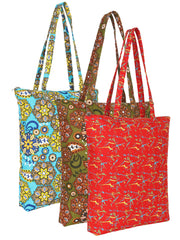 Eco-Friendly Multicolor Floral Printed Cotton Canvas Shopping Bags (Pack of 3)