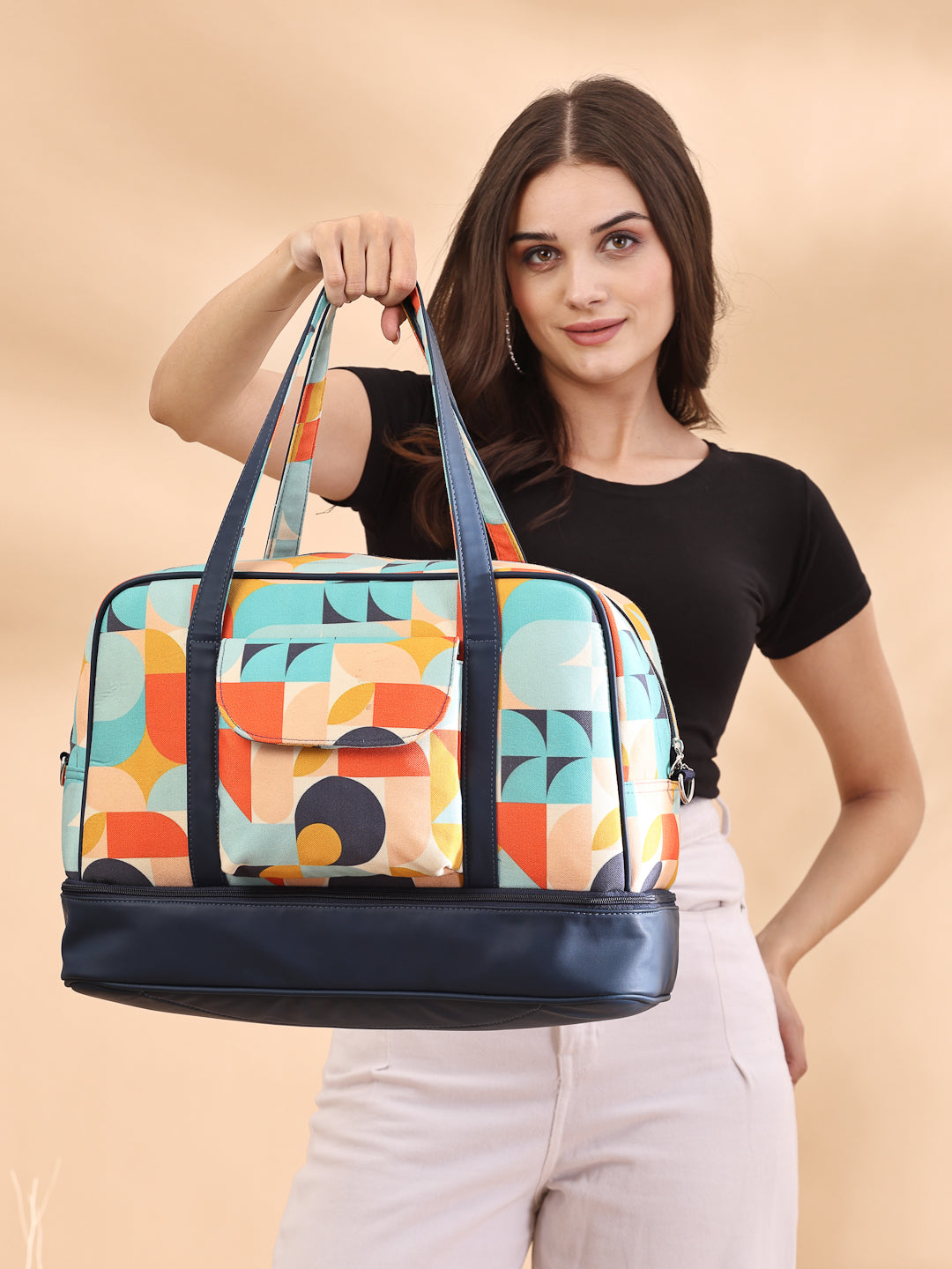 Peppy Polycotton Canvas & PU Abstract Printed Duffel Travel Bag