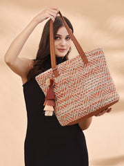 Boho Chevron Self Design Cotton Acrylic Tote Bag