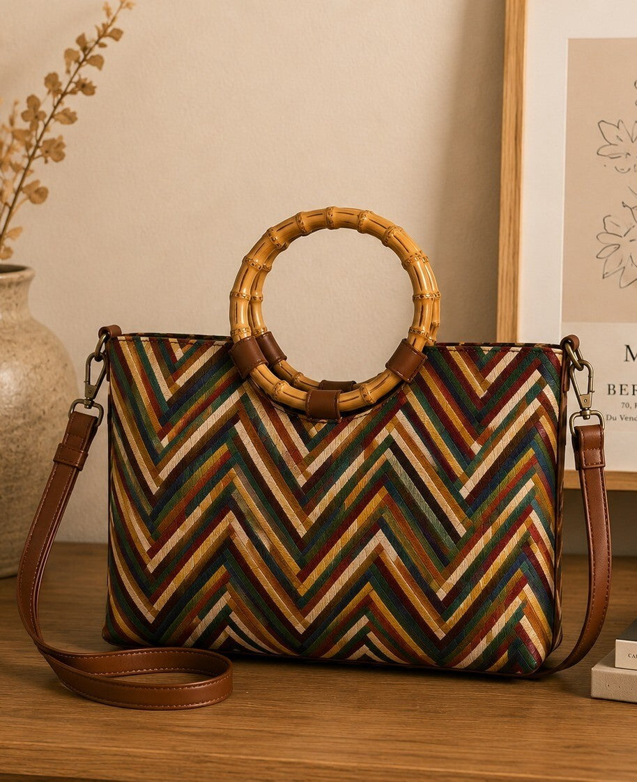 Lines & Loops Tan Jacquard Chevron Handheld Bag