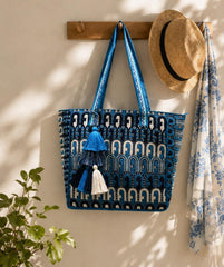 Earth Edit Teal Blue Ethnic Motifs Jacquard Tote Bag