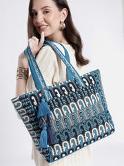 Earth Edit Teal Blue Ethnic Motifs Jacquard Tote Bag