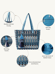 Earth Edit Teal Blue Ethnic Motifs Jacquard Tote Bag