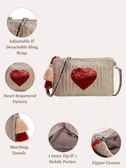 Amour Cotton Canvas & Jacquard Heart Embellished Sling Bag