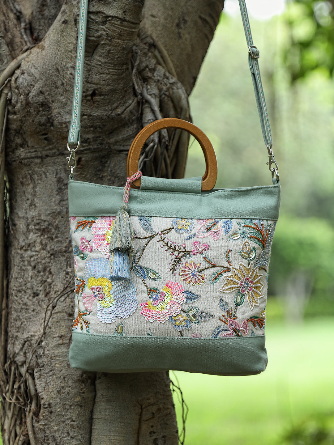 Petal Posh Cotton Botanical Embellished Handheld Bag