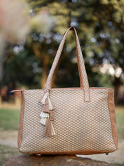 Anekaant Earth Edit Beige Jacquard Geometric Tote Bag