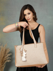 Anekaant Earth Edit Beige Jacquard Geometric Tote Bag