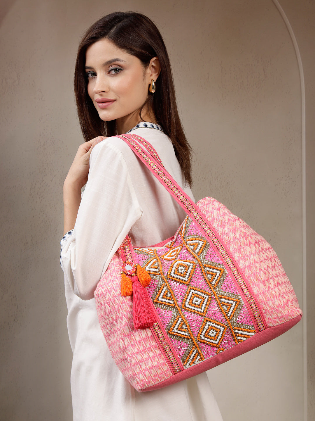 Folklore Edit Cotton Diamond Beaded Hobo Bag