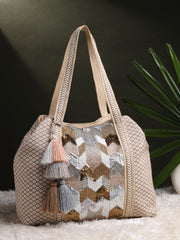 Folklore Edit Cotton Chevron Embellished Hobo Bag