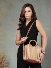 Anekaant Earth Knots Tan Jute Striped Handheld Bag