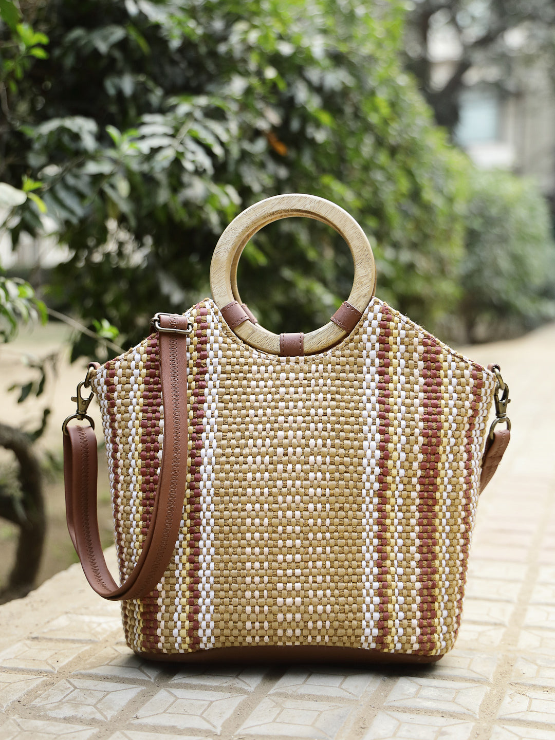 Anekaant Earth Knots Tan Jute Striped Handheld Bag