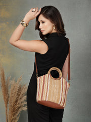 Anekaant Earth Knots Tan Jute Striped Handheld Bag
