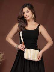 Anekaant Earth Edit Off White & Mustard Jacquard Striped Sling Bag