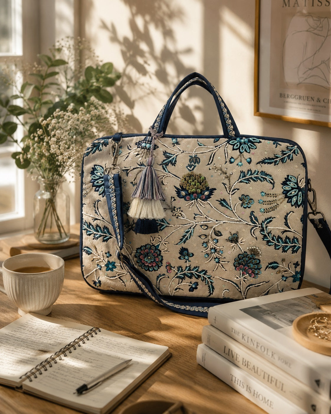 Anekaant Petal Posh Ivory & Navy Floral Jacquard Laptop Bag (Upto 16")