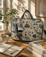 Anekaant Petal Posh Ivory & Navy Floral Jacquard Laptop Bag (Upto 16")