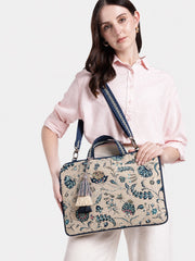 Anekaant Petal Posh Ivory & Navy Floral Jacquard Laptop Bag (Upto 16")
