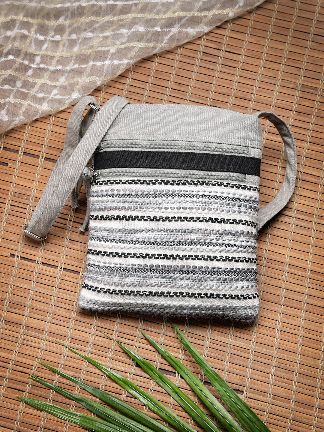 Anekaant Lines & Loops Grey Acrylic Striped Sling Bag
