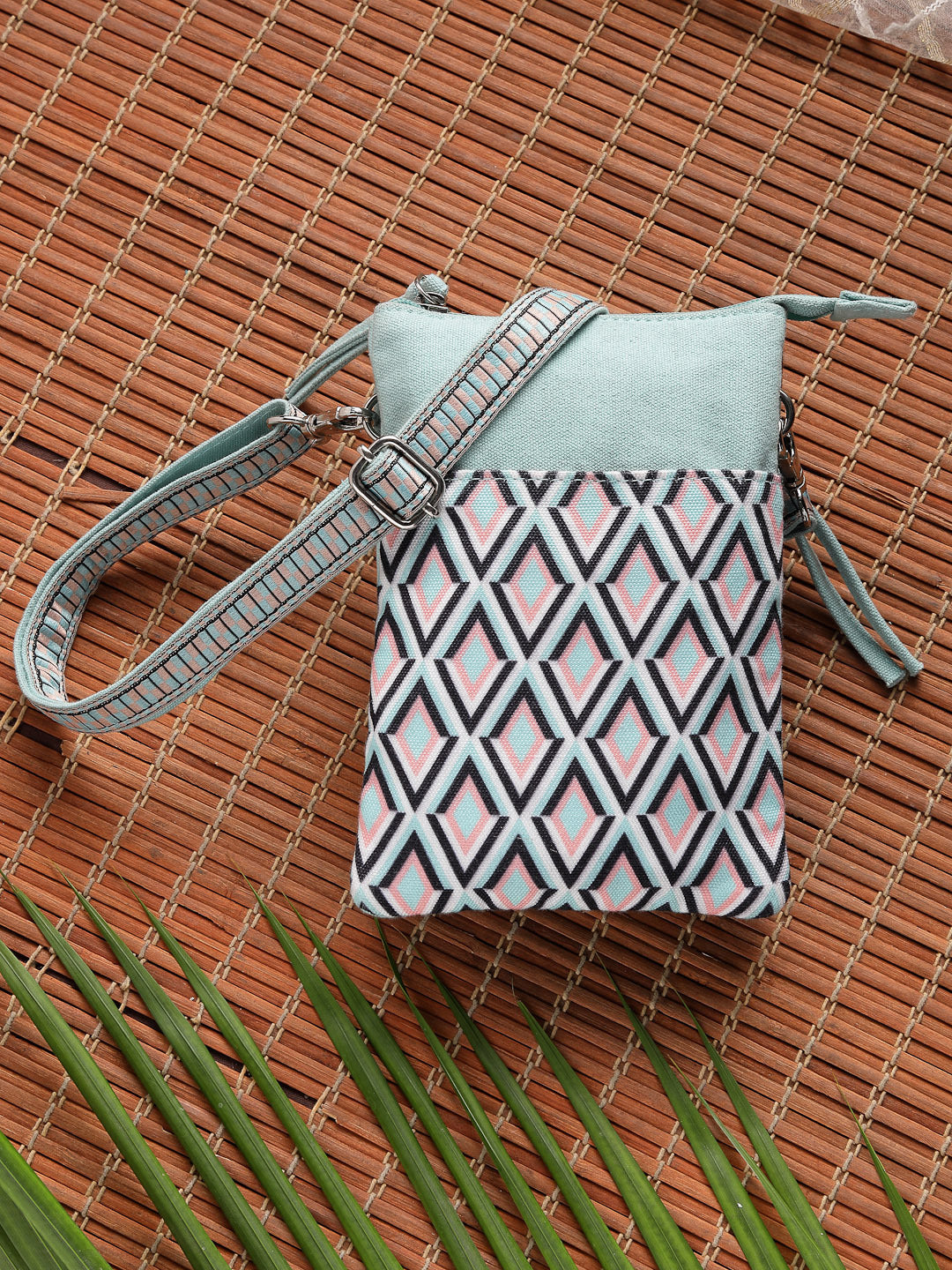 Anekaant Tile Trip Teal Canvas Geometric Printed Sling Bag