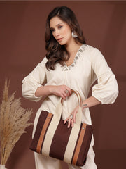 Anekaant Sutra Soil Coffee Brown Canvas Colorblocked Handheld Bag
