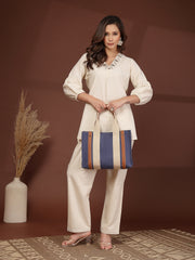 Anekaant Sutra Soil Navy Blue Canvas Colorblocked Handheld Bag