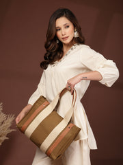 Anekaant Sutra Soil Olive Green Canvas Colorblocked Handheld Bag
