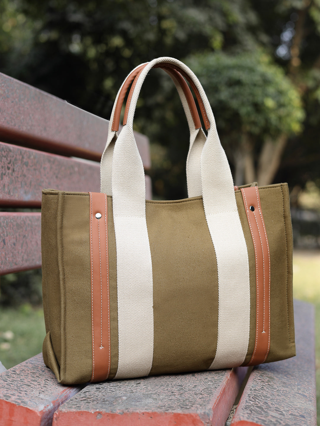 Anekaant Sutra Soil Olive Green Canvas Colorblocked Handheld Bag