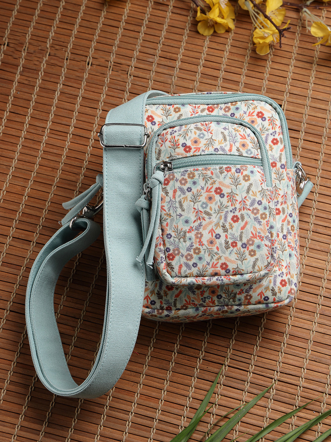 Anekaant Meadow Tales Teal Canvas Floral Sling Bag