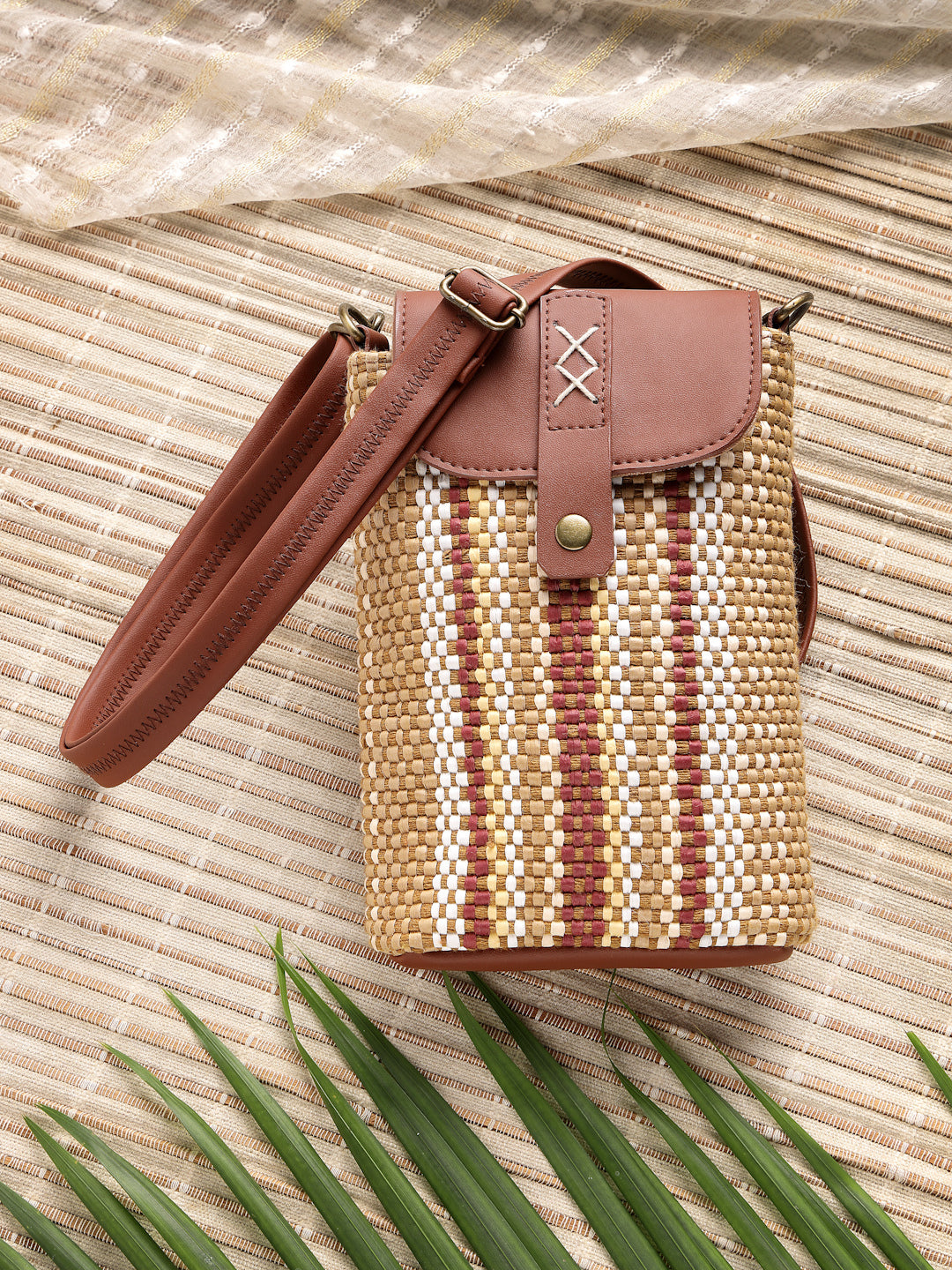 Anekaant Earth Knots Tan Jute Striped Mini Sling Bag