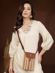 Anekaant Earth Knots Tan Jute Striped Mini Sling Bag