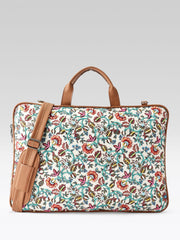Anekaant Petal Posh Off White Floral Printed Polycotton Laptop Bag (Upto 16")