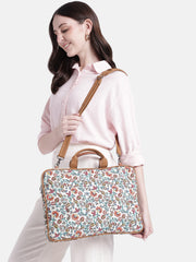 Anekaant Petal Posh Off White Floral Printed Polycotton Laptop Bag (Upto 16")