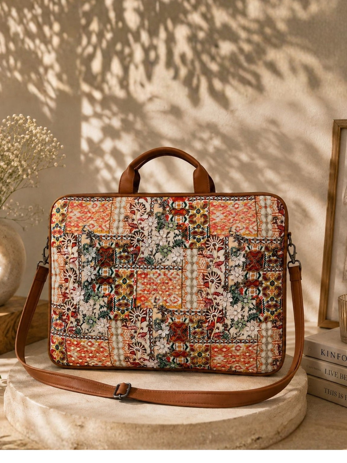 Anekaant Petal Posh Tan Ethnic Printed Polycotton Laptop Bag (Upto 16")