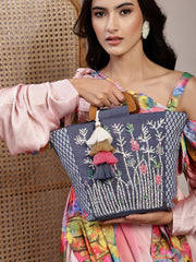 Anekaant Thread Bloom Navy Floral Embroidered Cotton Canvas Handheld Bag