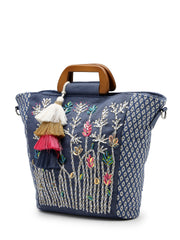 Anekaant Thread Bloom Navy Floral Embroidered Cotton Canvas Handheld Bag