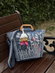 Anekaant Thread Bloom Navy Floral Embroidered Cotton Canvas Handheld Bag