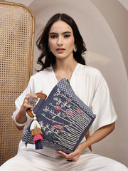 Anekaant Thread Bloom Navy Floral Embroidered Cotton Canvas Handheld Bag