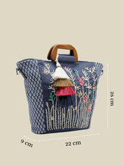 Anekaant Thread Bloom Navy Floral Embroidered Cotton Canvas Handheld Bag