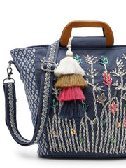 Anekaant Thread Bloom Navy Floral Embroidered Cotton Canvas Handheld Bag