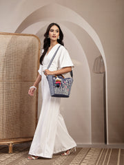 Anekaant Thread Bloom Navy Floral Embroidered Cotton Canvas Handheld Bag