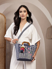 Anekaant Thread Bloom Navy Floral Embroidered Cotton Canvas Handheld Bag