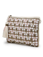 Anekaant Petal Posh Blush Pink & Off White Beaded Cotton Jacquard Sling Bag