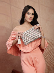Anekaant Petal Posh Blush Pink & Off White Beaded Cotton Jacquard Sling Bag