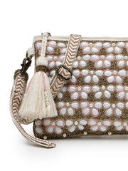 Anekaant Petal Posh Blush Pink & Off White Beaded Cotton Jacquard Sling Bag