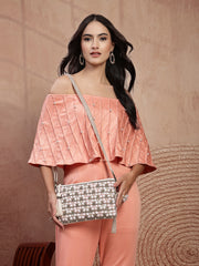 Anekaant Petal Posh Blush Pink & Off White Beaded Cotton Jacquard Sling Bag